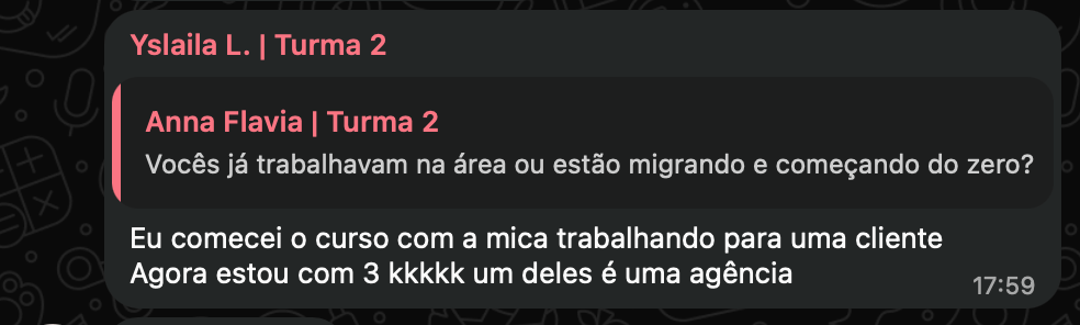 Print de aluna contando que começou com uma cliente e hoje atende três