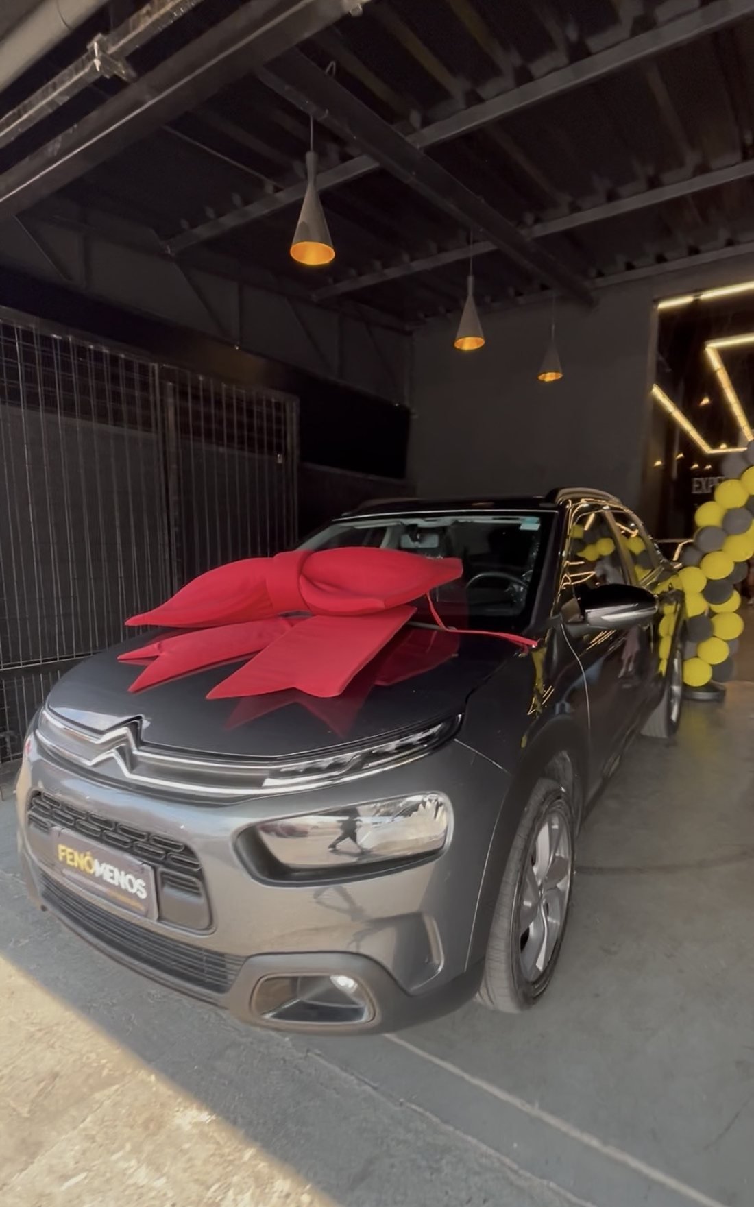 Carro cinza com um grande laço vermelho sobre o capô